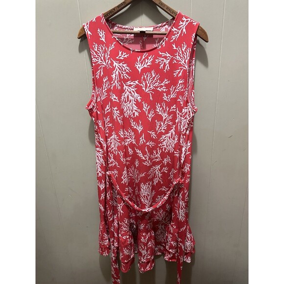 Michael Kors Dresses & Skirts - Michael Kor Coral Pink Print Sleeveless Shift Dress Size XL Front Tie Ruffled